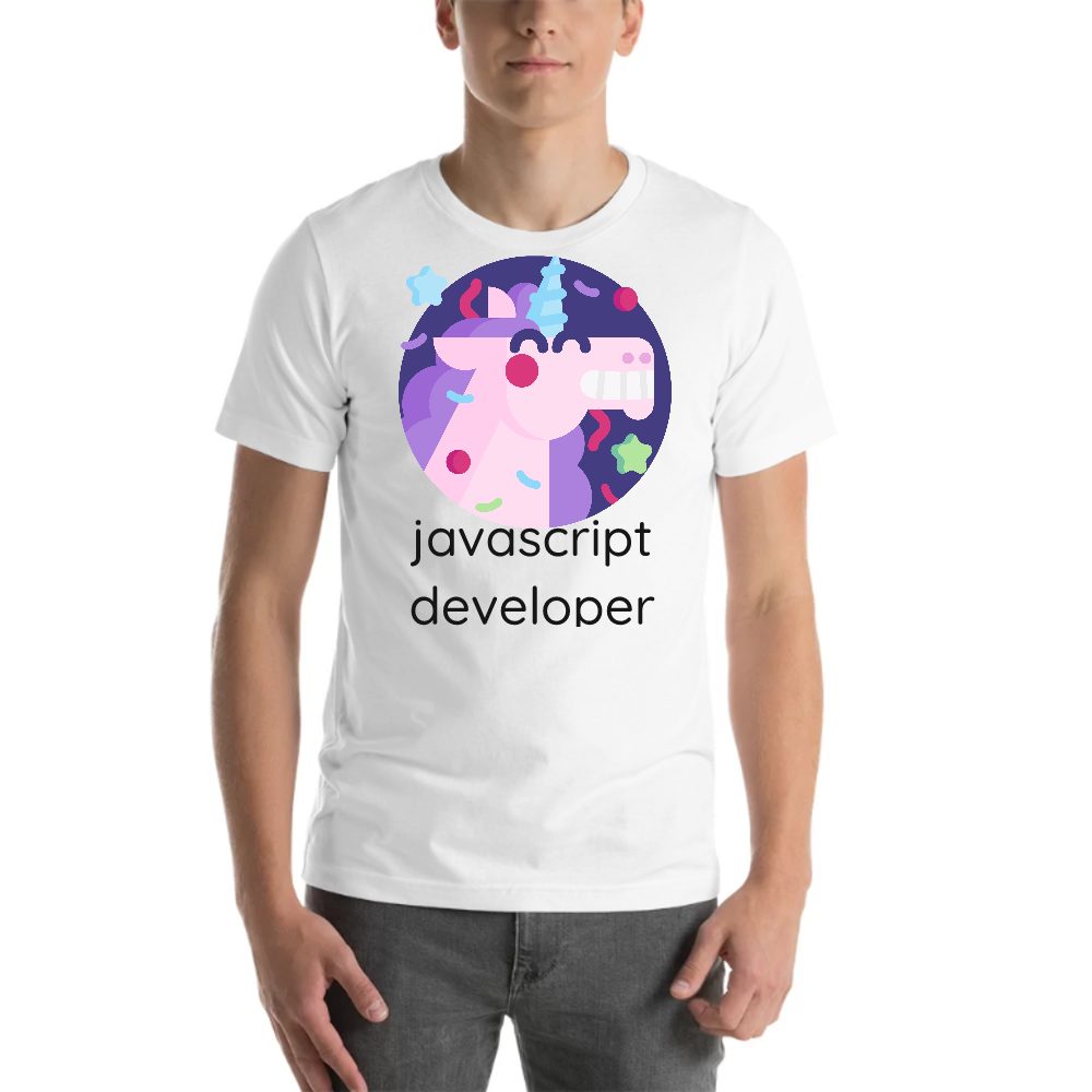 Personalized Party Unicorn Javascript Developer tee in white, printed with "Javascript Developer"