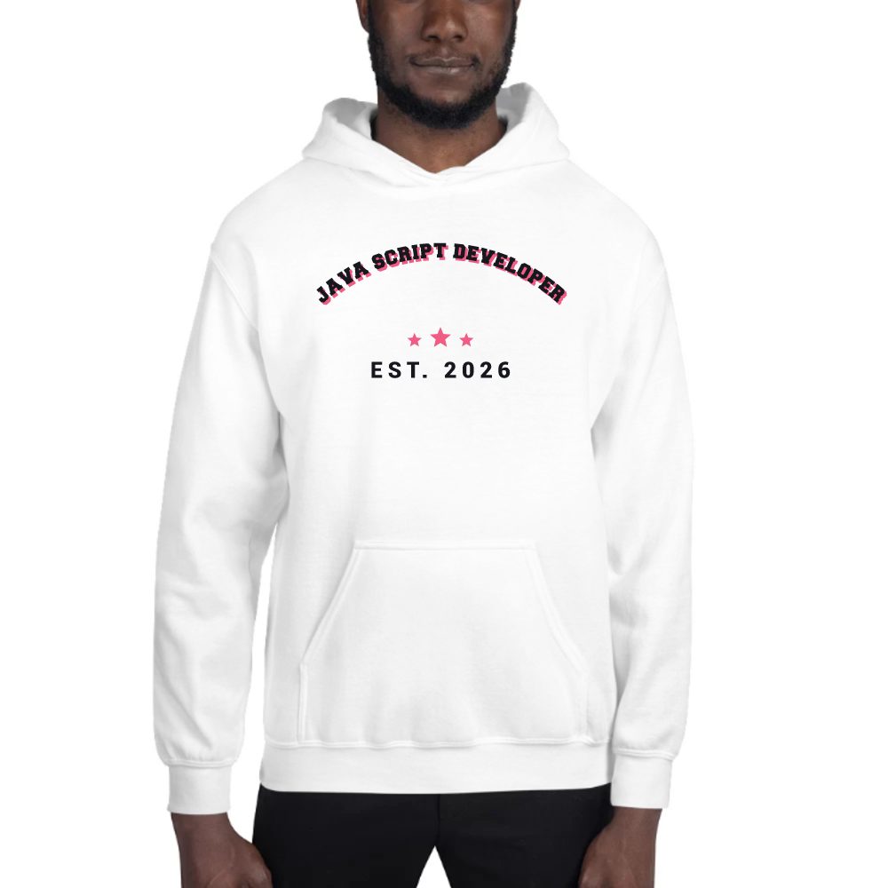 Java Script Developer Varsity Arch hoodie in white, printed with "Java Script Developer"