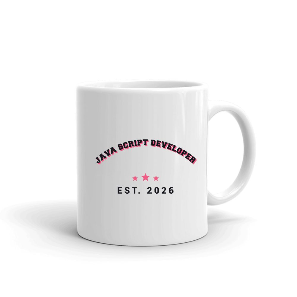 Java Script Developer Varsity Arch mug in white, printed with "Java Script Developer"