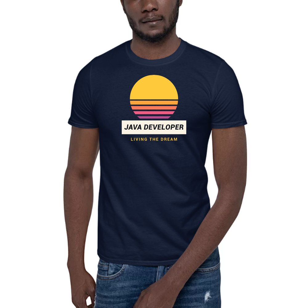 Java Developer Retro Sunset dark tee in navy, printed with "Java Developer"