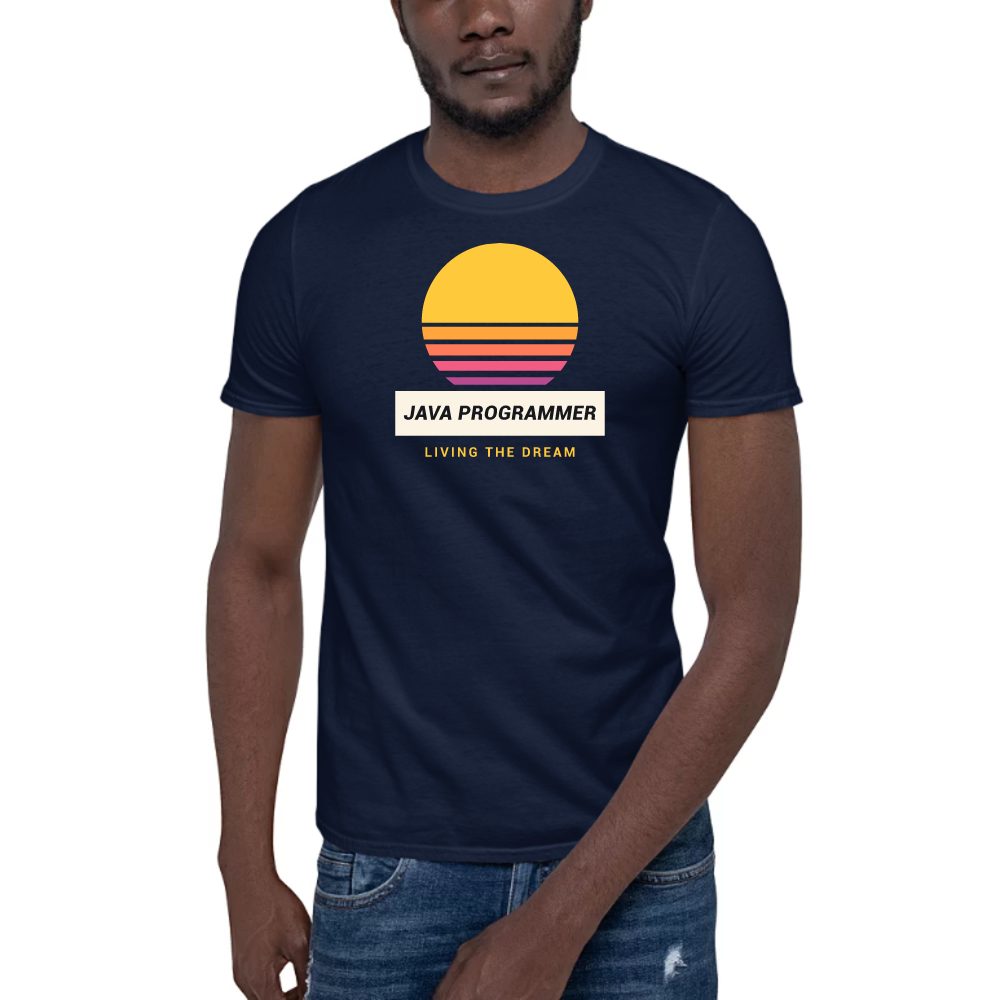 Java Programmer Retro Sunset dark tee in navy, printed with "Java Programmer"