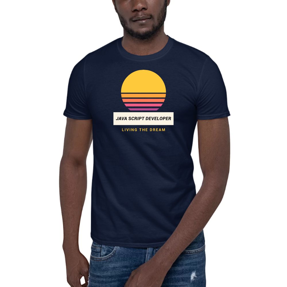 Java Script Developer Retro Sunset dark tee in navy, printed with "Java Script Developer"