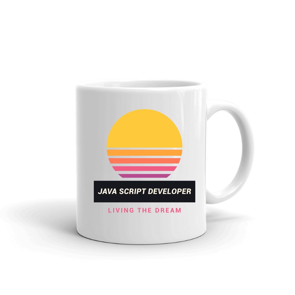 Java Script Developer Retro Sunset mug in white, printed with "Java Script Developer"