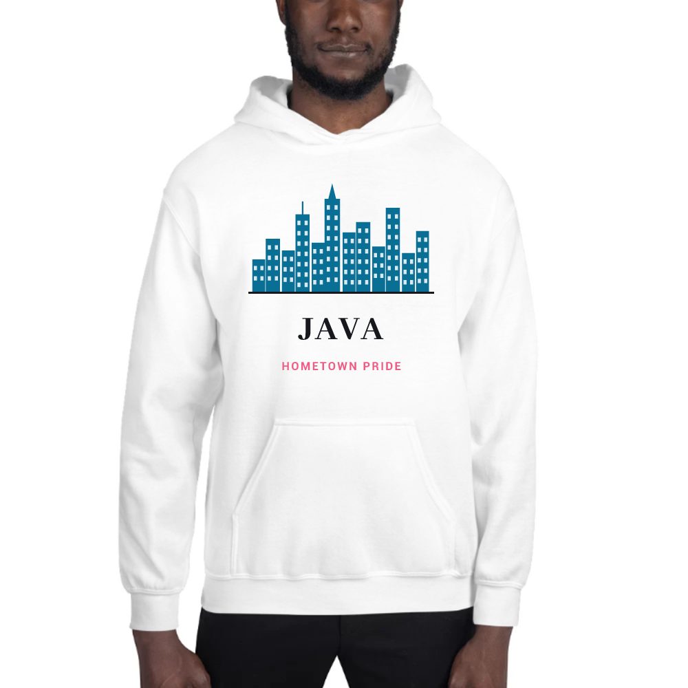 Java City Skyline hoodie in white, printed with "Java"
