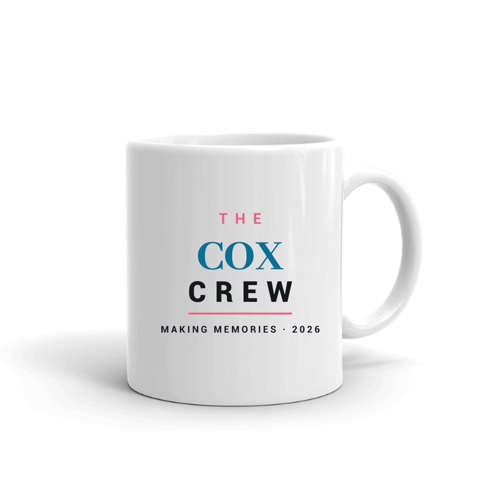 The Cox Crew mug in white, printed with "Cox"