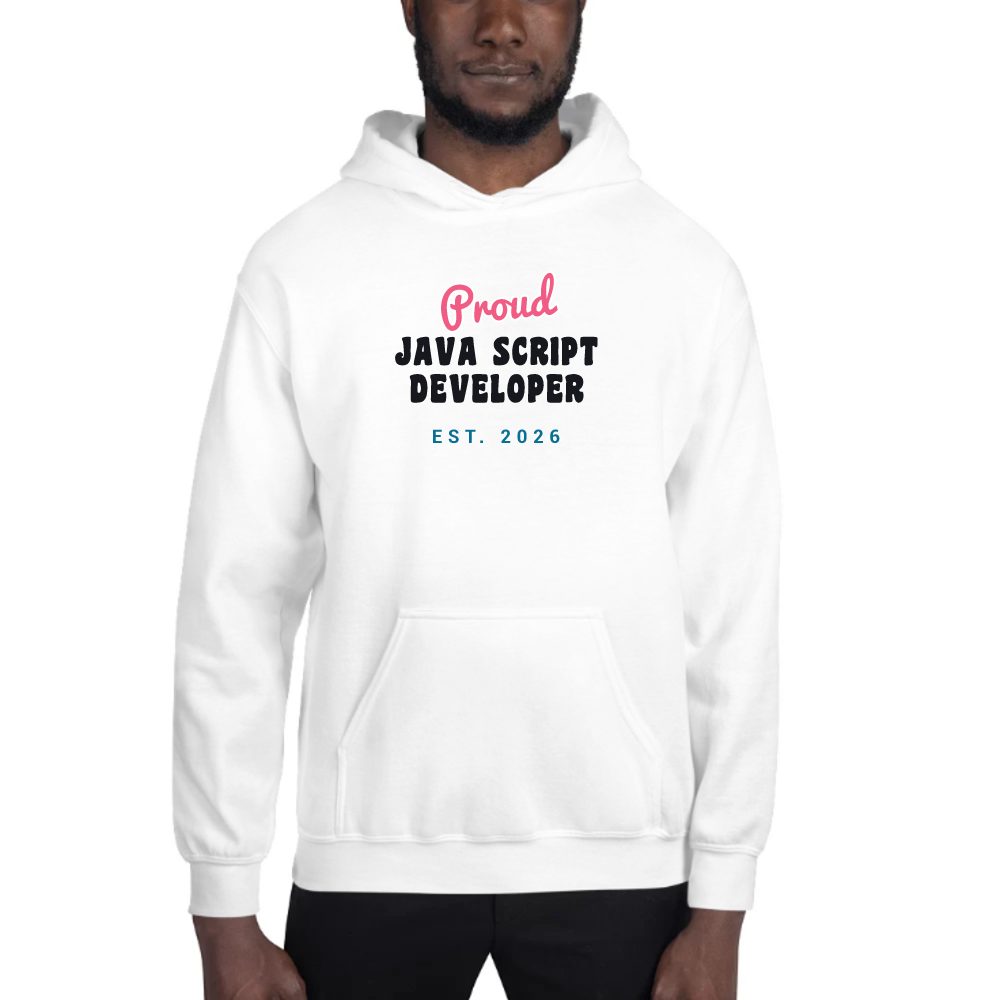 Proud Java Script Developer Script & Block hoodie in white, printed with "Java Script Developer"