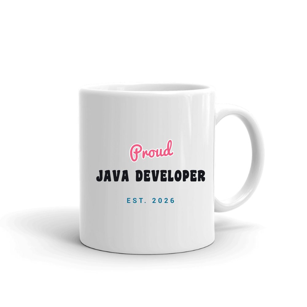 Proud Java Developer Script & Block mug in white, printed with "Java Developer"