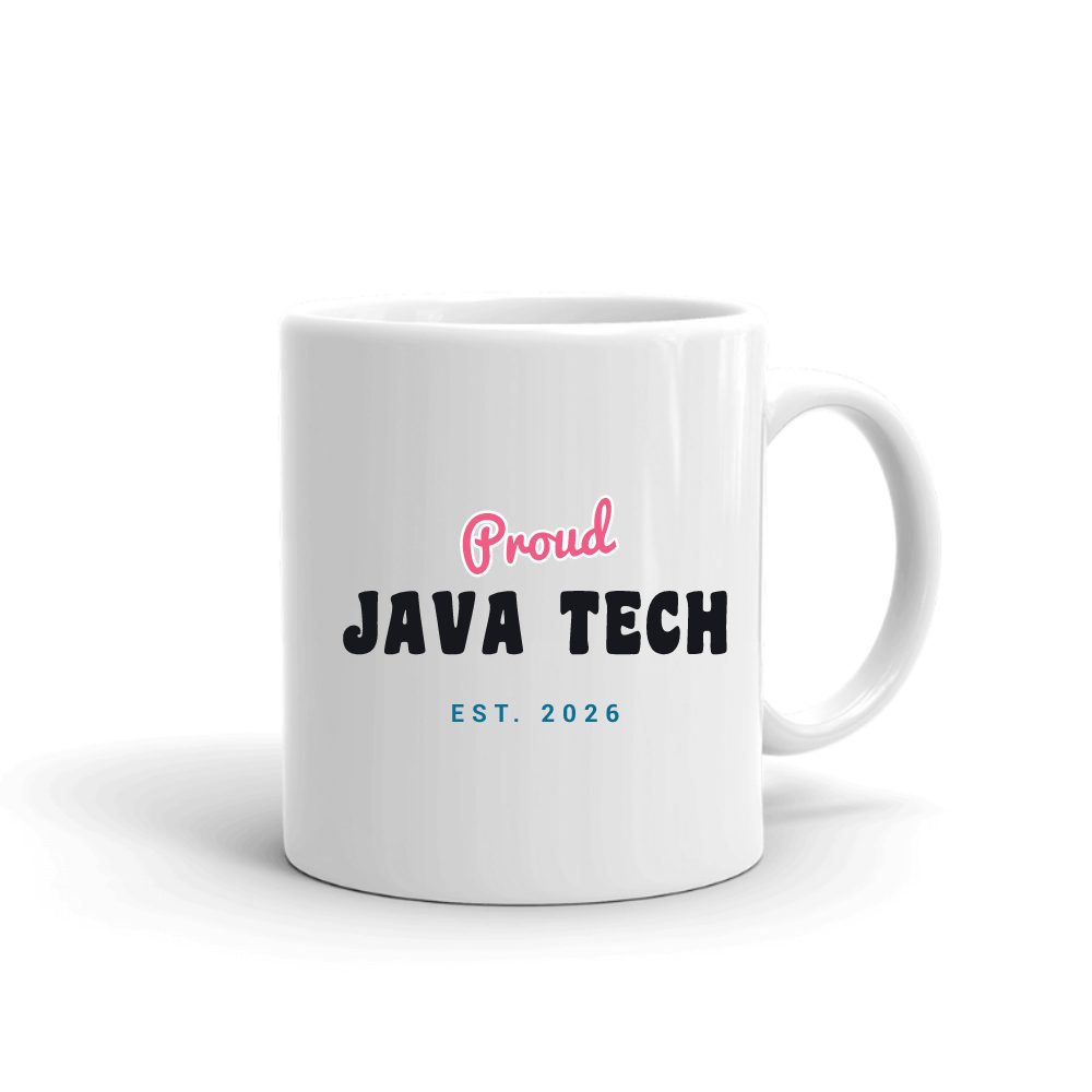 Proud Java Tech Script & Block mug in white, printed with "Java Tech"