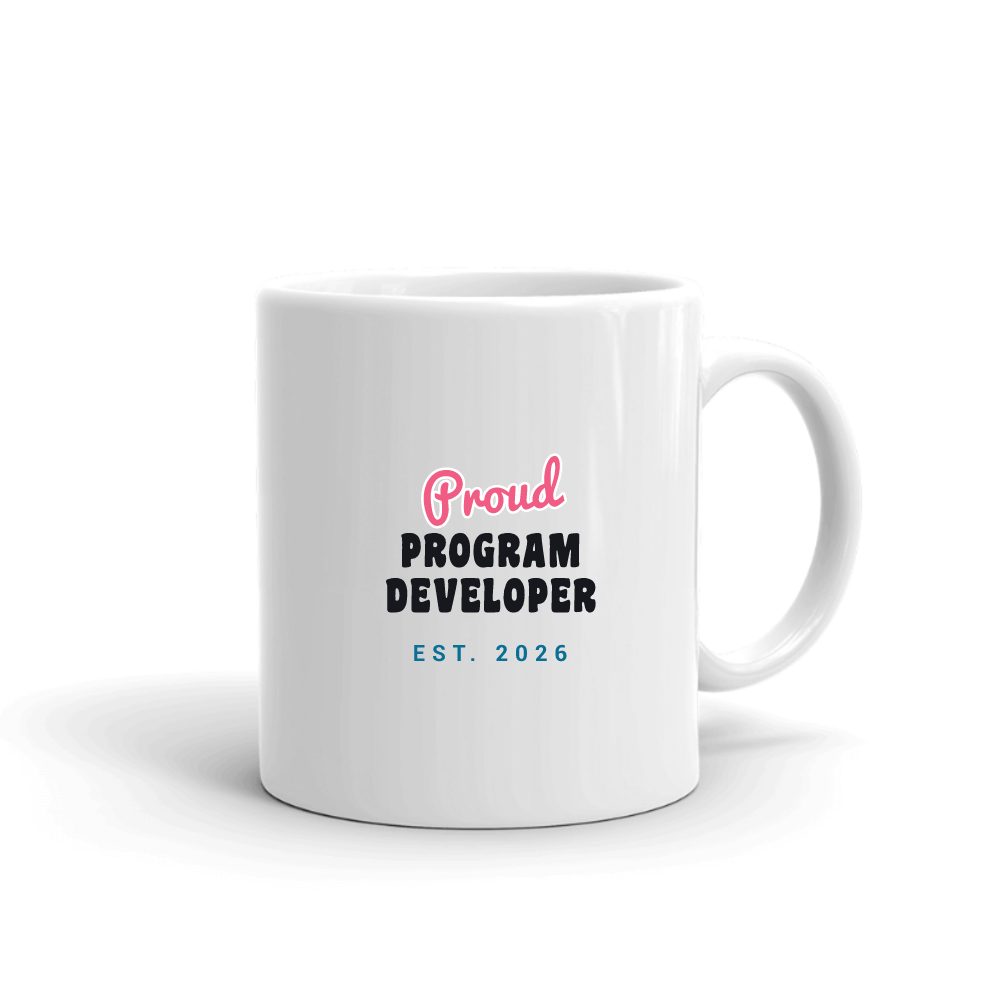 Proud Program Developer Script & Block mug in white, printed with "Program Developer"