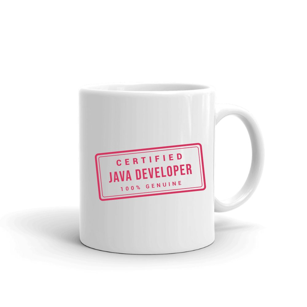 Certified Java Developer Stamp mug in white, printed with "Java Developer"