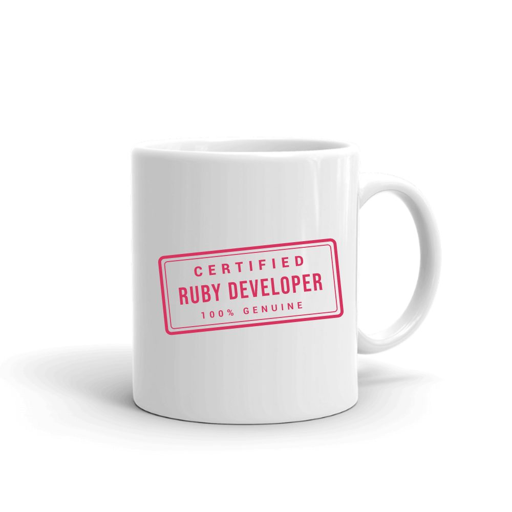 Certified Ruby Developer Stamp mug in white, printed with "Ruby Developer"