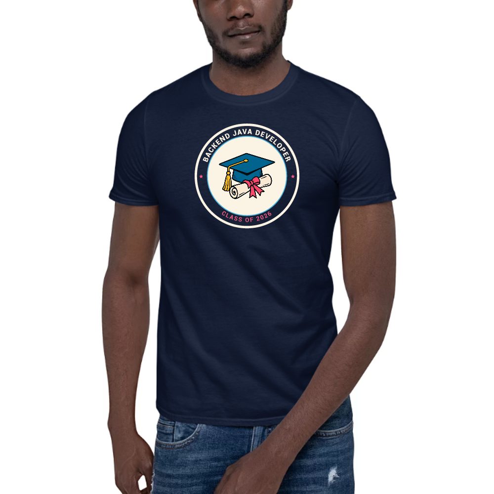 Backend Java Developer Graduate Badge dark tee in navy, printed with "Backend Java Developer"
