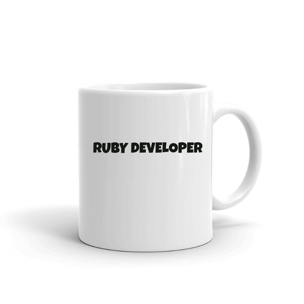 Ruby Developer Fun Style mug in white, printed with "Ruby Developer"