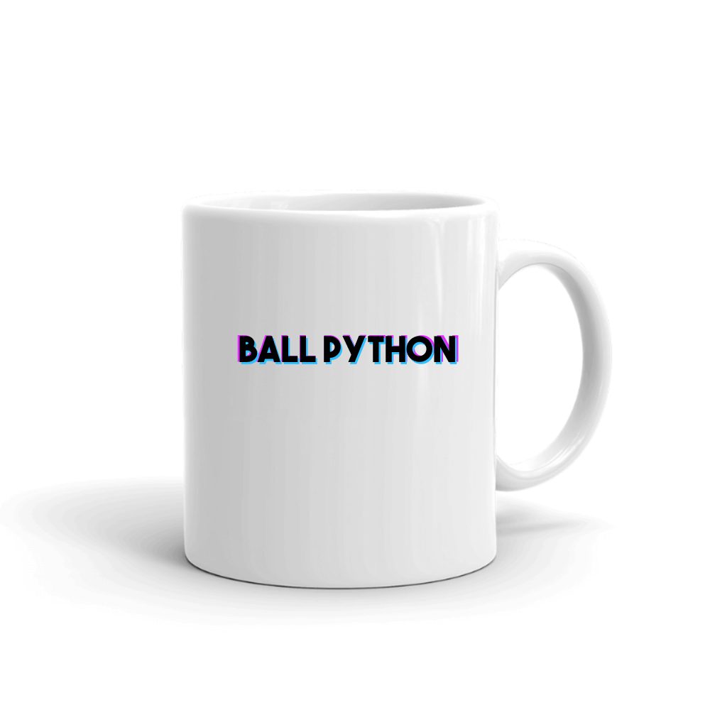 Tri Color Ball Python mug in white, printed with "Ball Python"