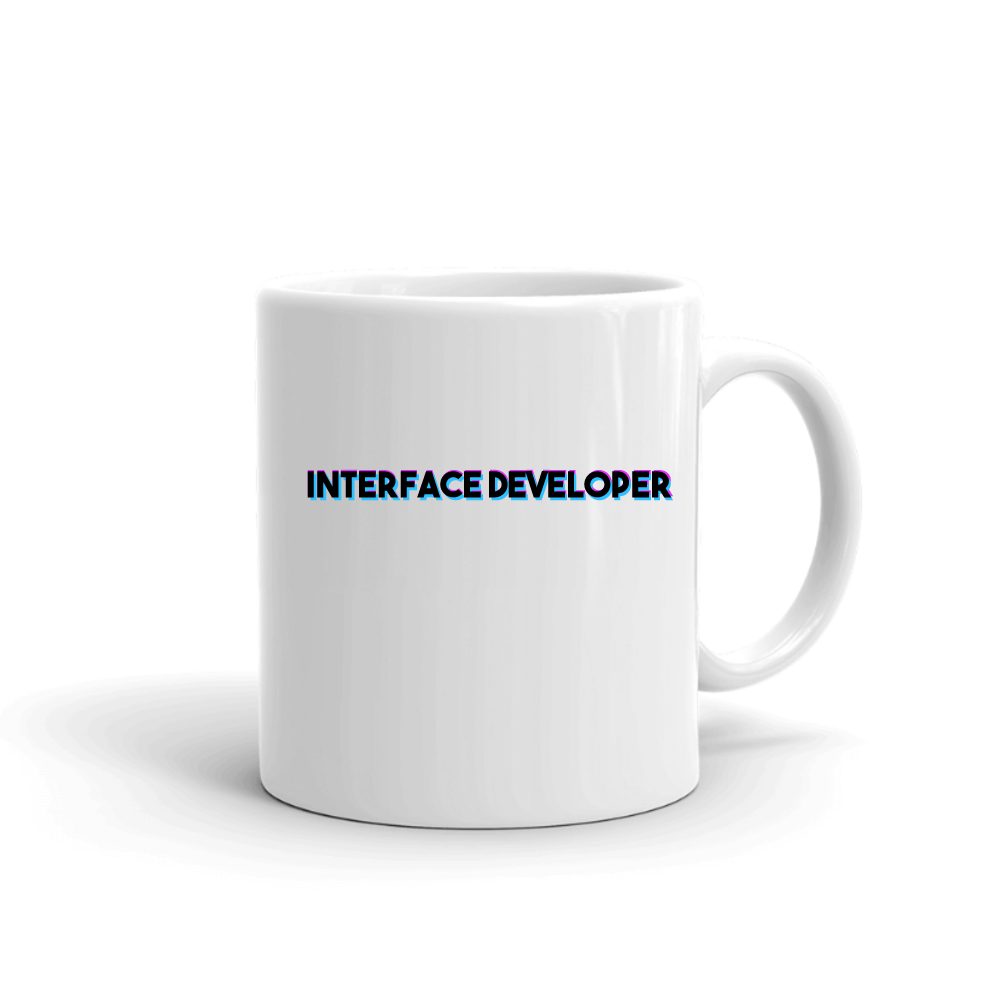 Tri Color Interface Developer mug in white, printed with "Interface Developer"