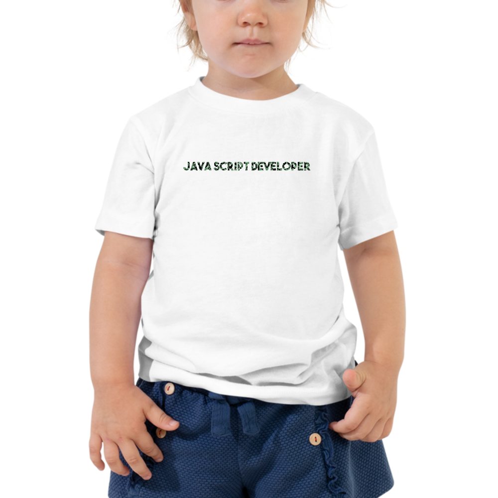 Camo Java Script Developer kids tee in white, printed with "Java Script Developer"