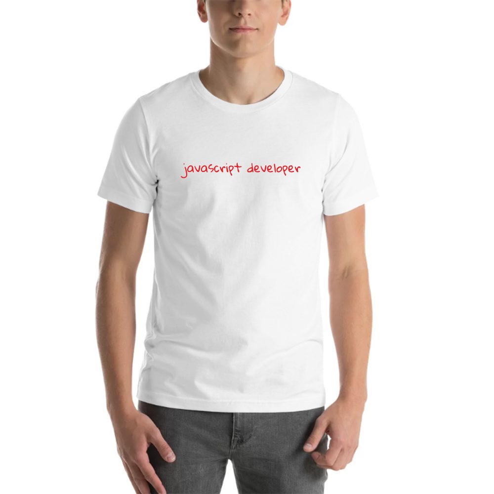 Handwritten Javascript Developer tee in white, printed with "Javascript Developer"