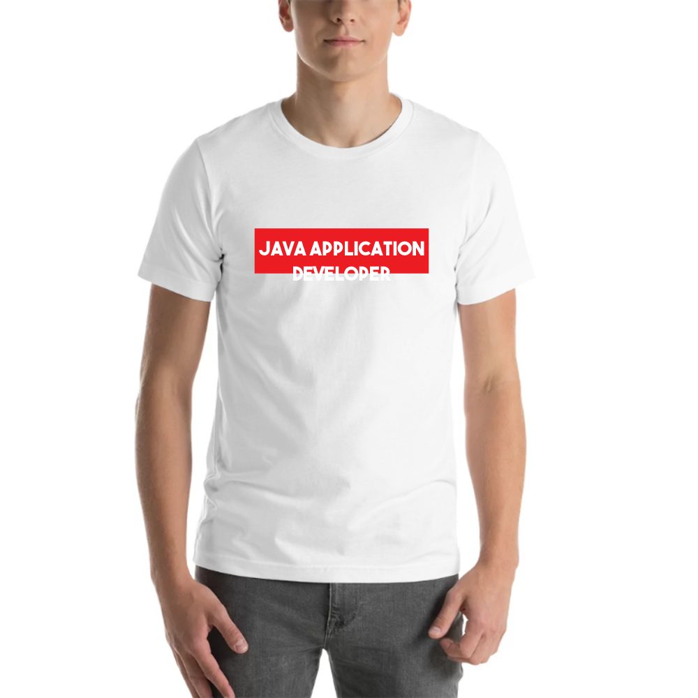 Super Red Block Java Application Developer tee in white, printed with "Java Application Developer"