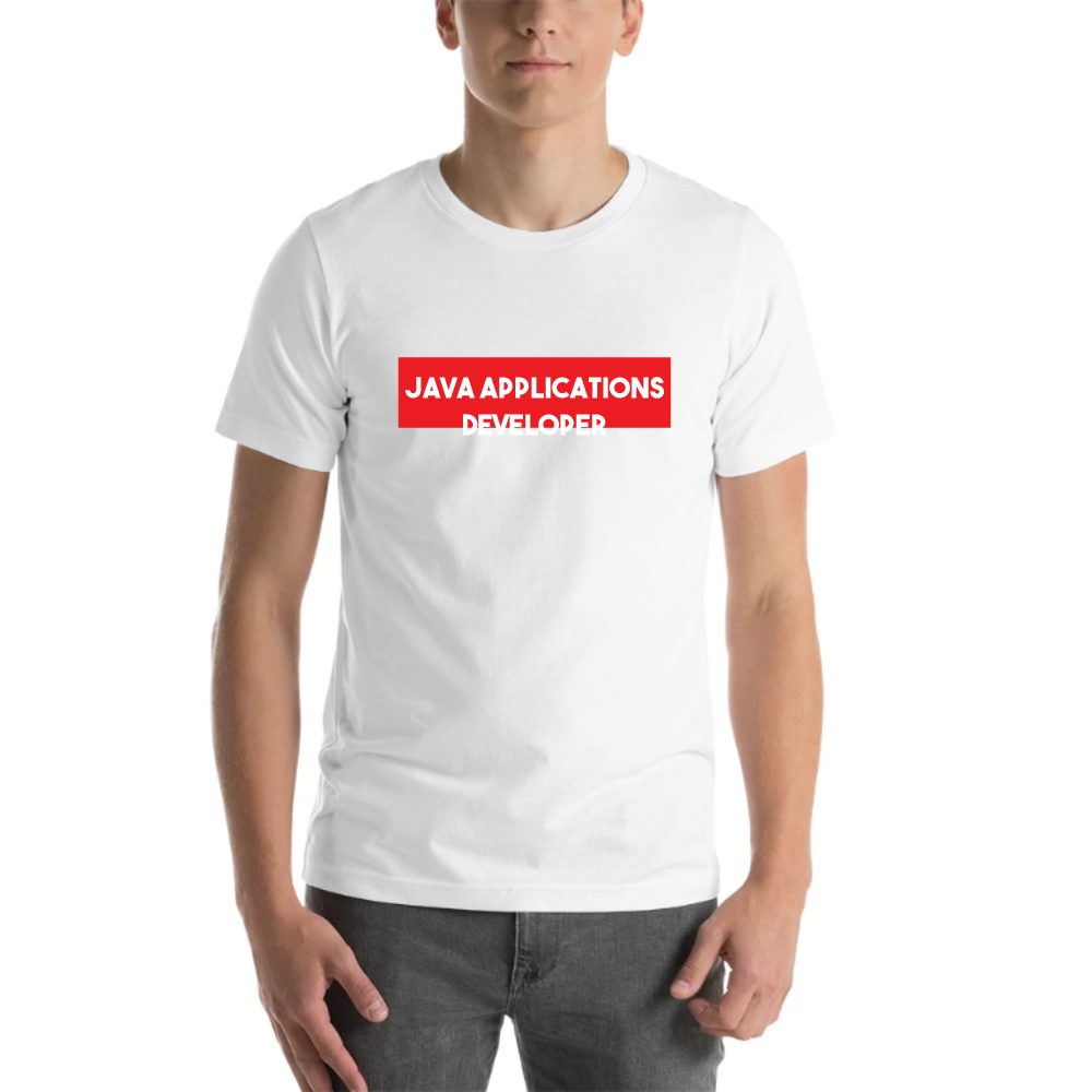 Super Red Block Java Applications Developer tee in white, printed with "Java Applications Developer"